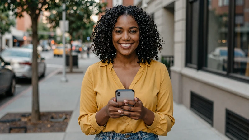 Confident woman using her phone for online dating on Amorpulse