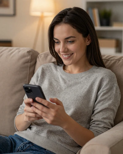 Young woman smiling at her phone while messaging on a dating platform at home
