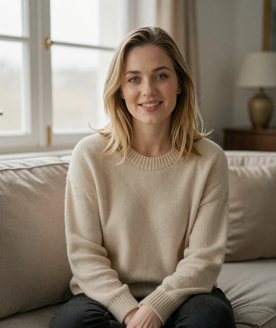 Smiling woman in a cozy sweater at home browsing Amorpulse dating profiles