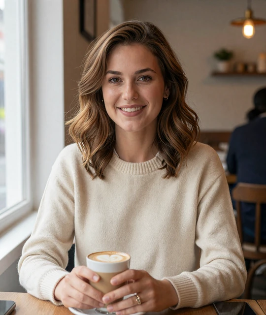 Smiling woman at a cafe representing genuine Amorpulse member profile