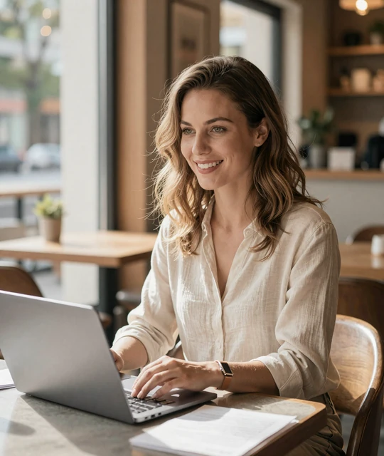 Woman browsing Amorpulse features on laptop at a bright cafe